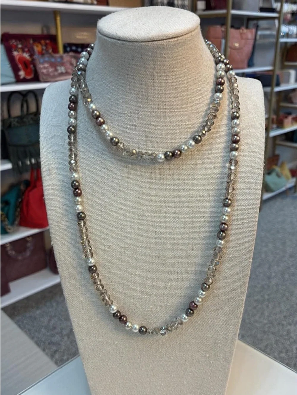 Elegant Multi-Strand Pearl Style & Crystal Necklace in White and Brown